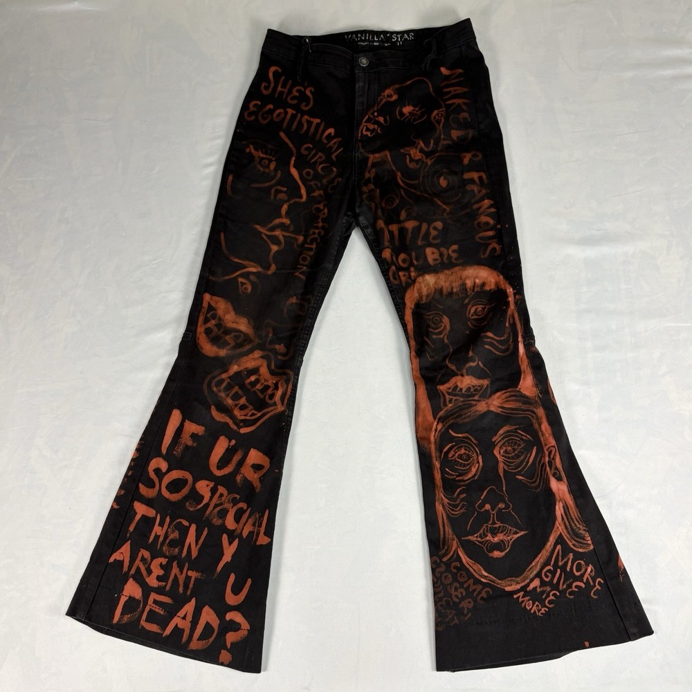 Hand Painted Bleached Flare Jeans Punk Grunge Art Slogan OOAK Black Size 11 Y2K